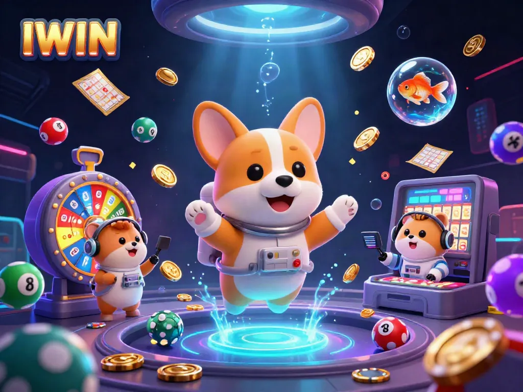 IWIN showcases exciting casino action with a floating astronaut corgi amidst colorful lottery elements.