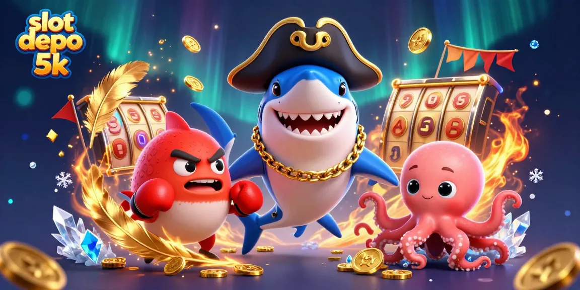 Experience vibrant excitement with slot depo 5k showcasing a pirate shark and friends in a casino scene.