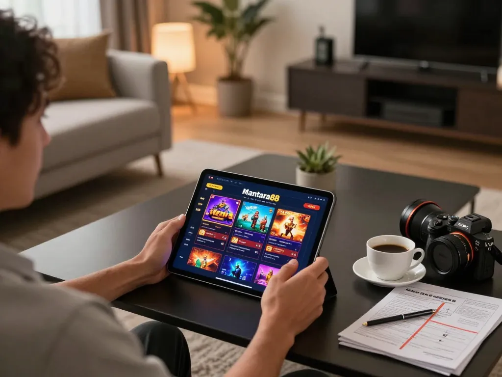 Engaging with mantra88 online casino interface on tablet in stylish home setting