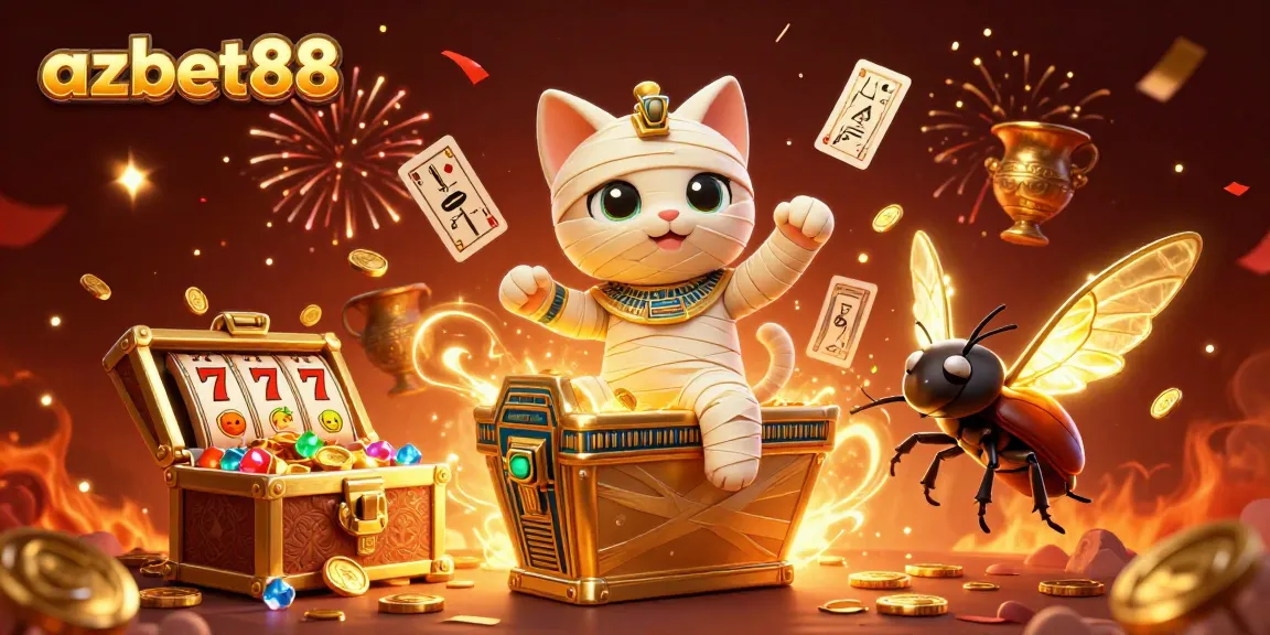 Experience the thrill of azbet88 with a vibrant 3D mummy cat illustration bursting from a jackpot treasure!