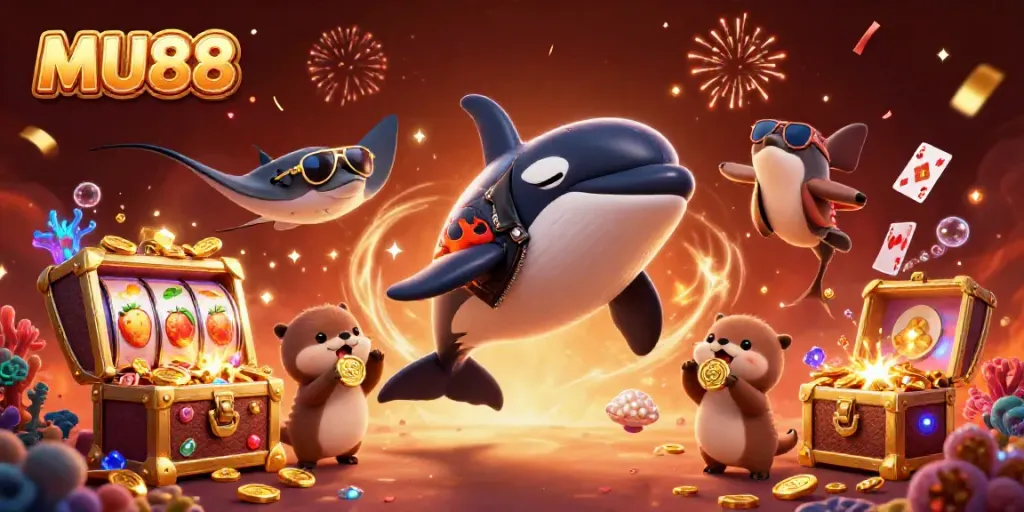 Experience the excitement of MU88 with an orca, stingray, and otters in a vibrant casino scene full of winning opportunities.