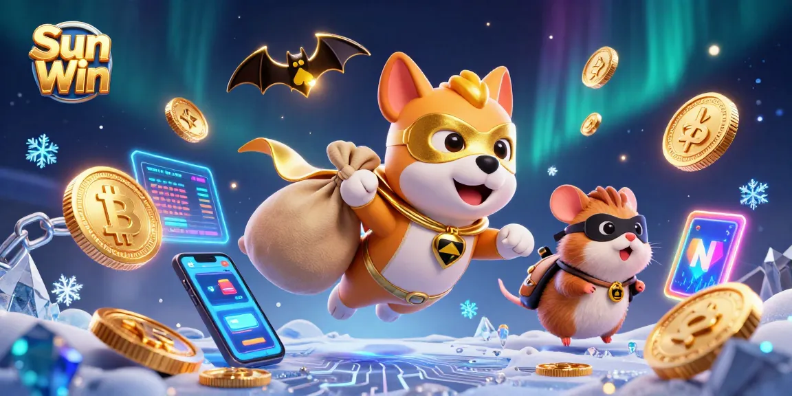 Experience the excitement of Sun Win with a superhero dog and cryptocurrency amidst vibrant casino elements.