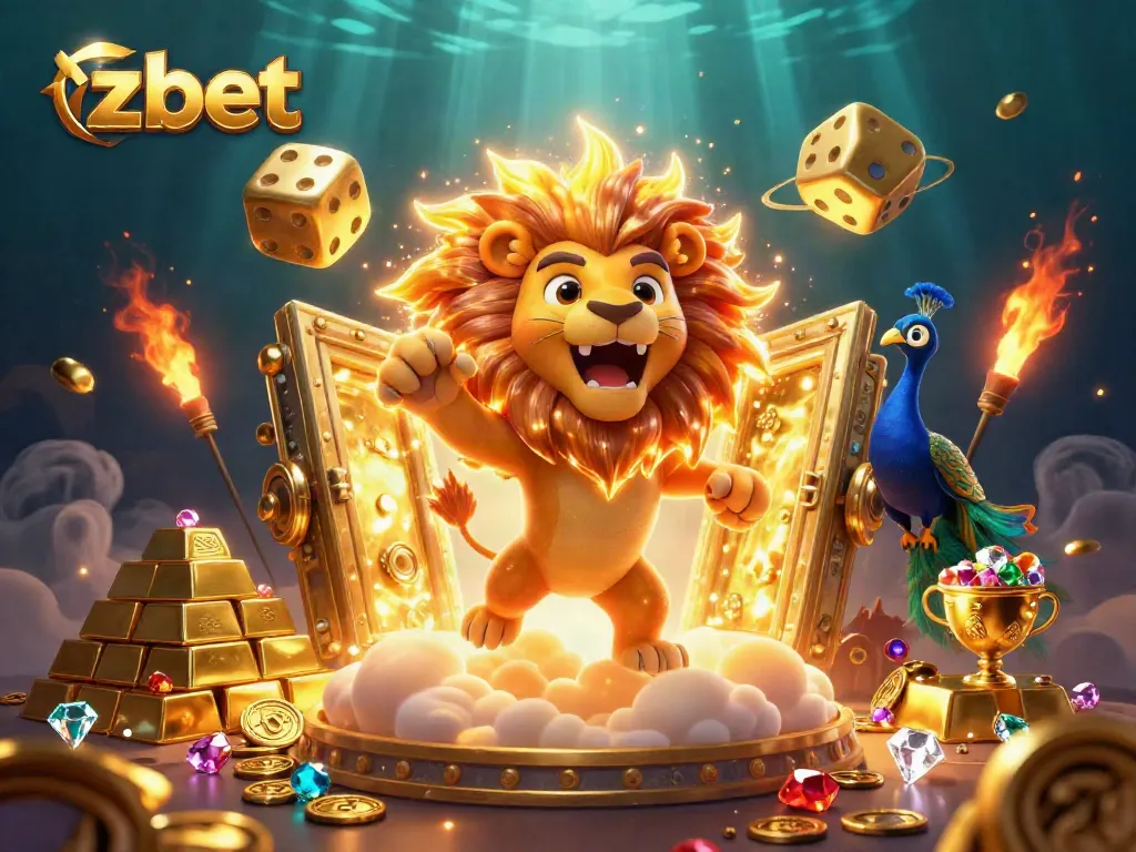 Engage with zbet in a captivating casino world, featuring a vibrant lion and golden treasures.
