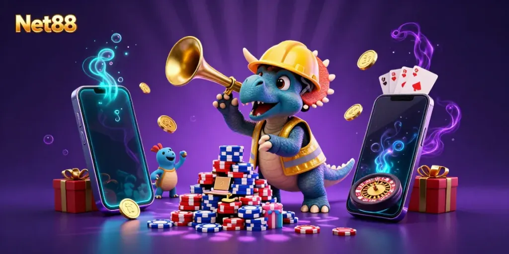 Experience thrill at Net88 with a vibrant 3D illustration of casino excitement and gaming celebrations.