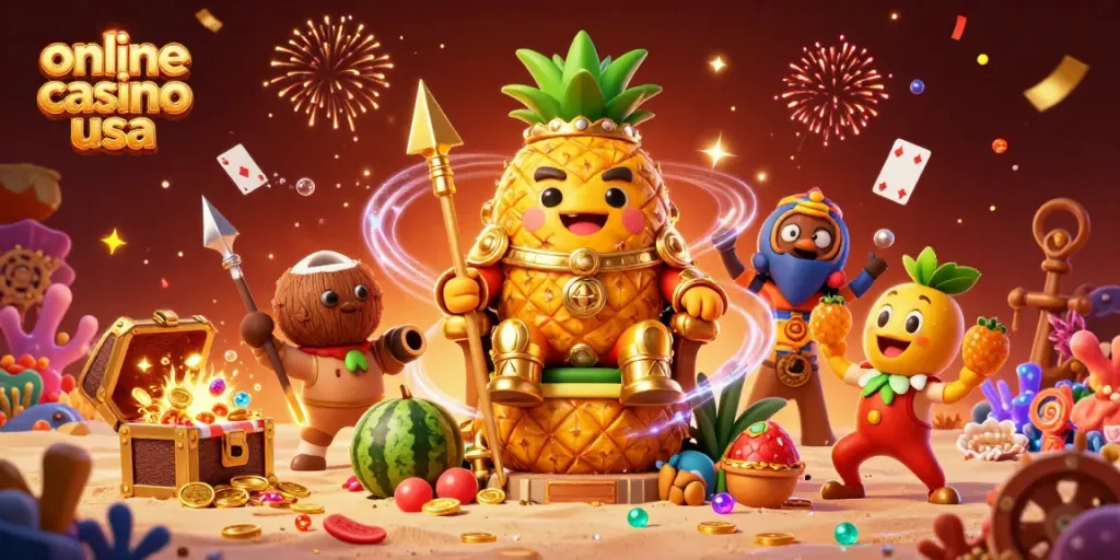 Experience the vibrant atmosphere of an online casino usa scene featuring a golden pineapple king and lively characters.