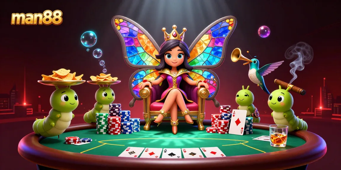 Play poker like a pro with man88's vibrant 3D illustration showcasing rich casino elements.