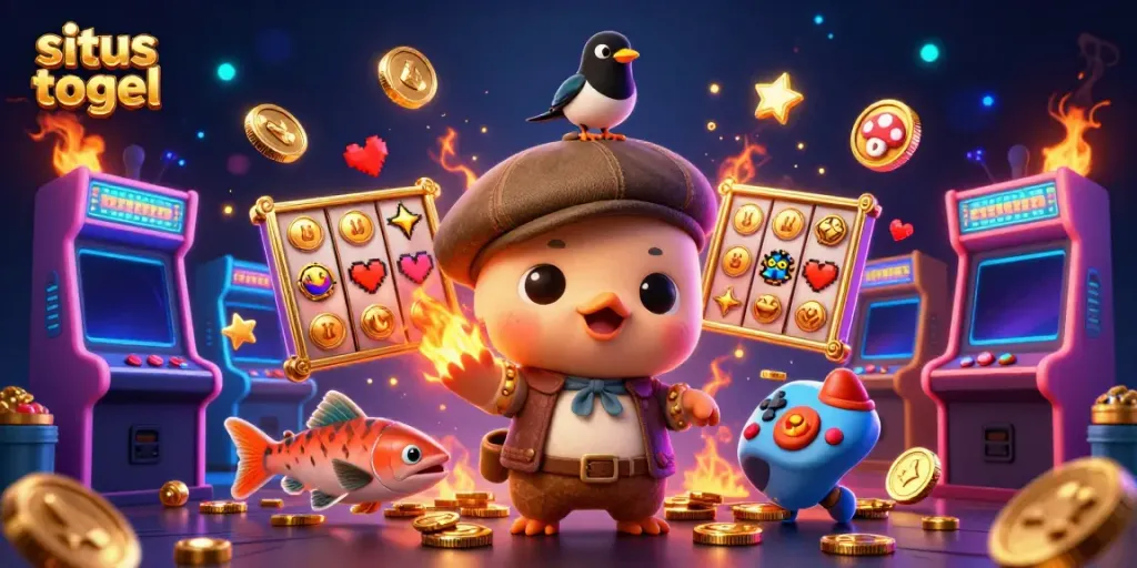 Join the adventure with cute characters in a dynamic casino scene at situs togel, showcasing vibrant slots and gold coins.