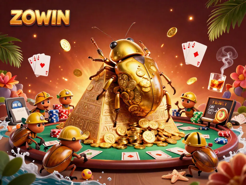 ZOWIN's thrilling gaming scene with colorful poker elements and golden beetles, showcasing excitement.