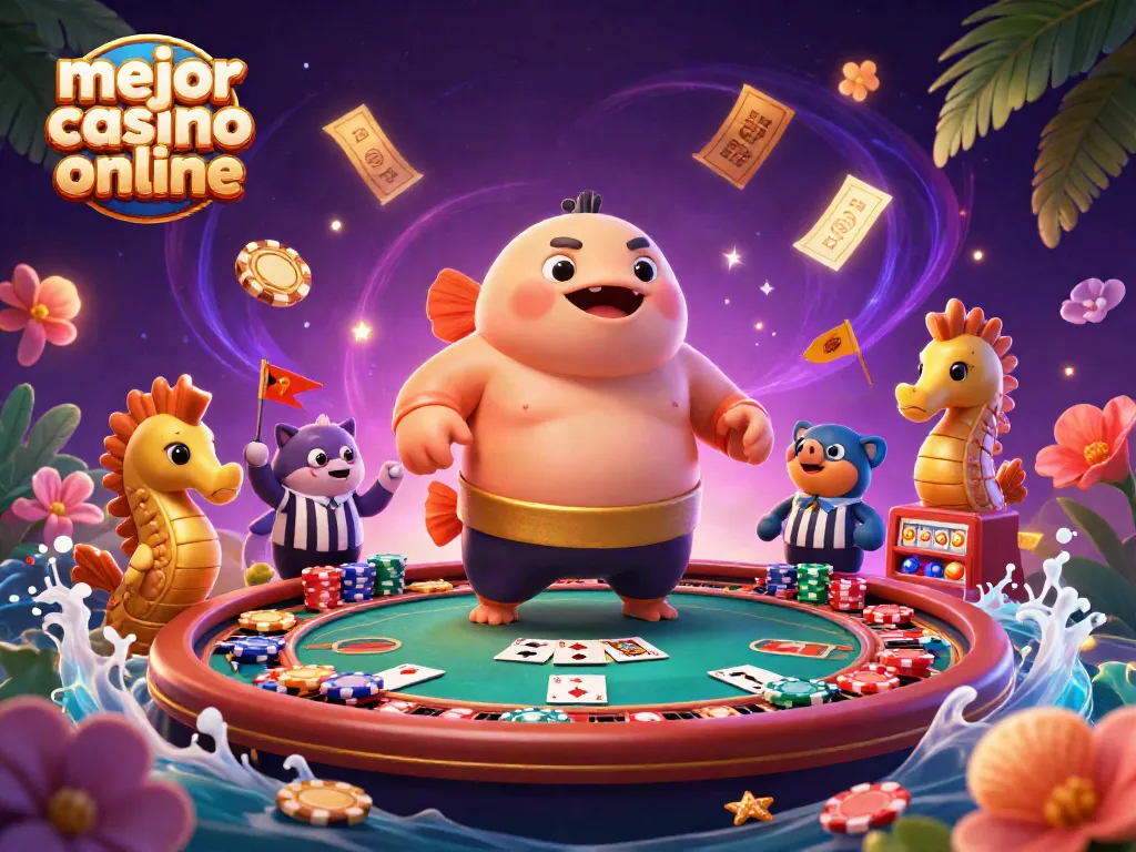 Disfruta de la emoción en el mejor casino online con un fugu 3D y elementos vibrantes de póker.