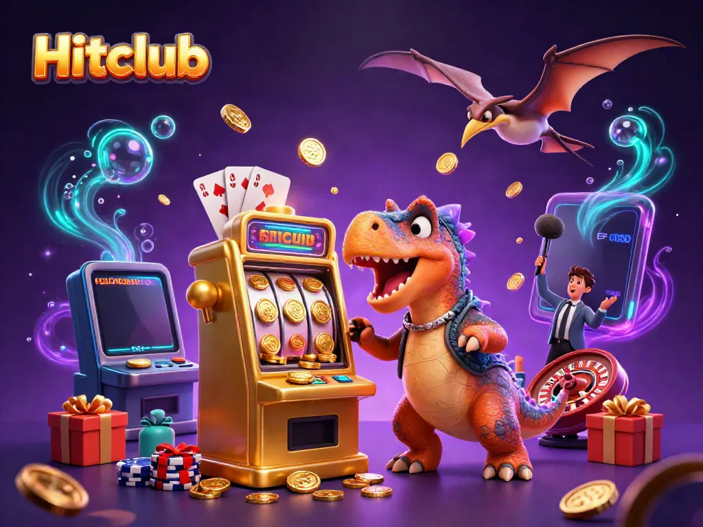 Hitclub's pachycephalosaurus celebrates a jackpot win at a casino, showcasing vibrant casino elements.