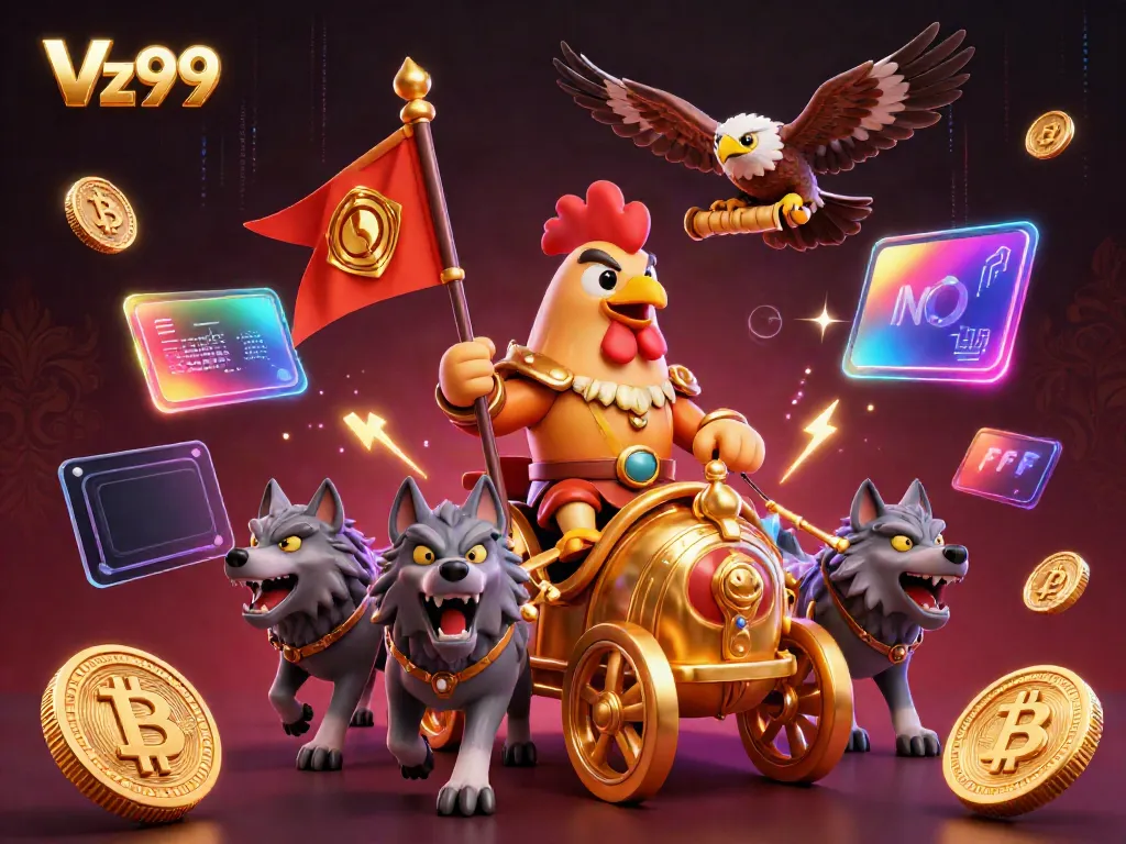 Engage in Vz99's thrilling gaming experience with a dynamic 3D scene featuring a rooster warlord and crypto elements.