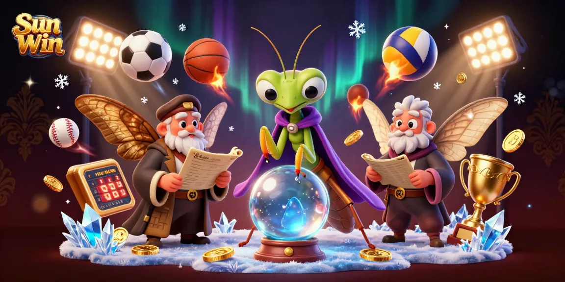 Experience Sun Win as a praying mantis fortune teller unveils sports betting wisdom amidst vibrant 3D elements.