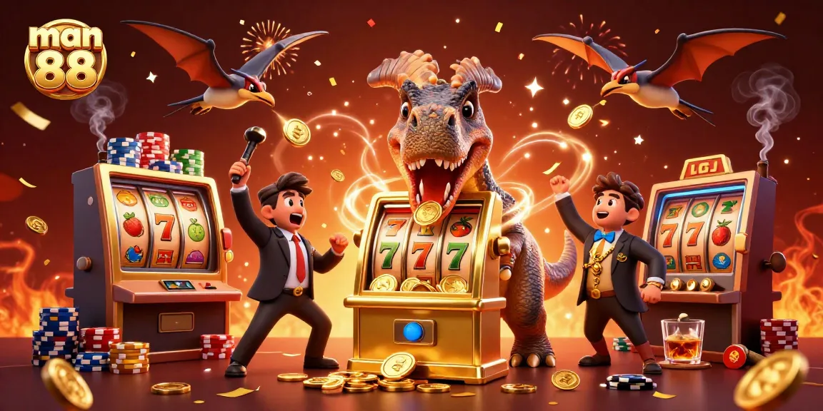 Pachycephalosaurus wins big on man 88 slot machine, revealing golden coins amidst casino chaos.