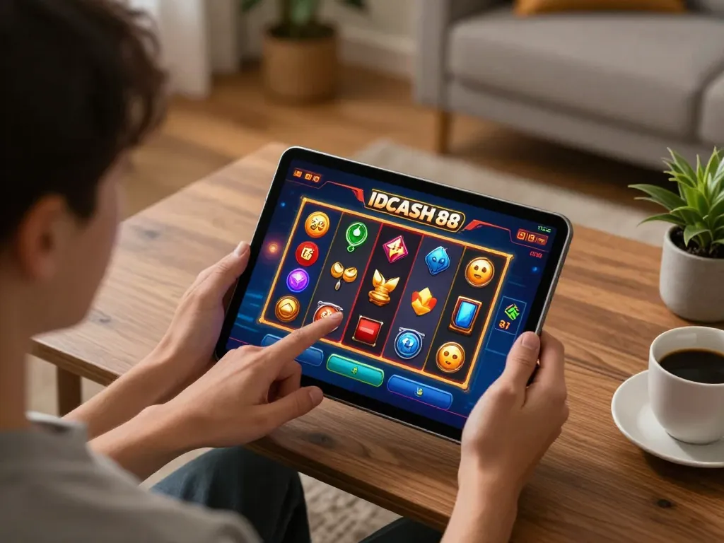 IDCASH 88 player engaging with vibrant slot game interface on tablet, emphasizing interactive online gaming.