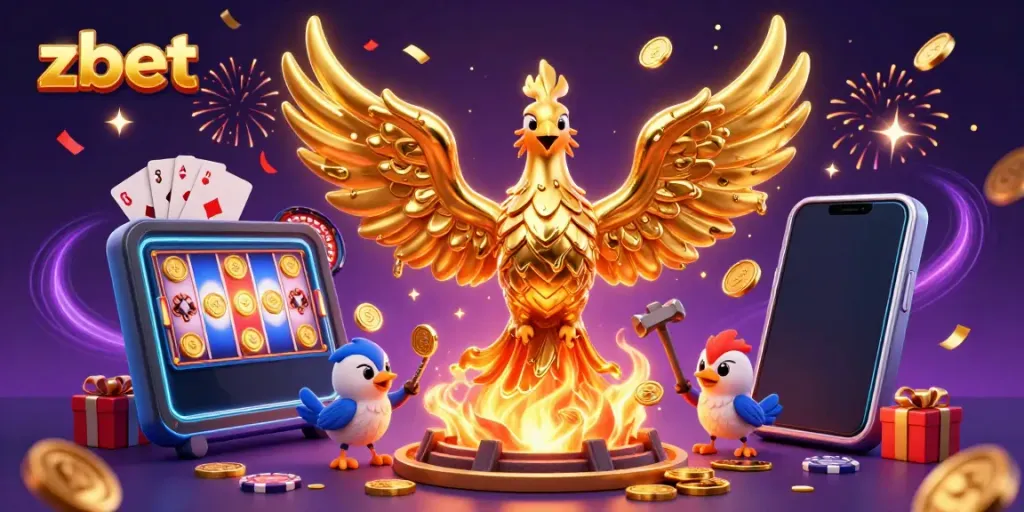 Experience thrilling wins with zbet's golden phoenix and dynamic casino elements in a vibrant 3D scene.