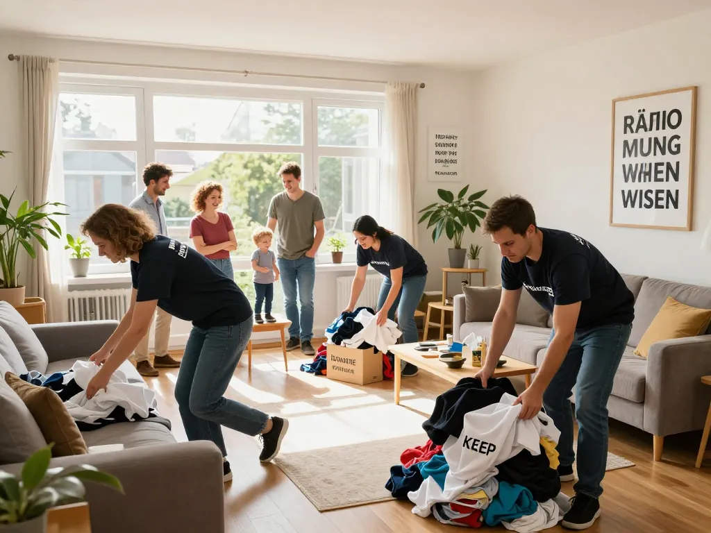 Professionelles Entrümpelungsteam in einem hellen Zuhause während eines Räumung Wien Prozesses, das Gegenstände in organisierte Stapel sortiert.