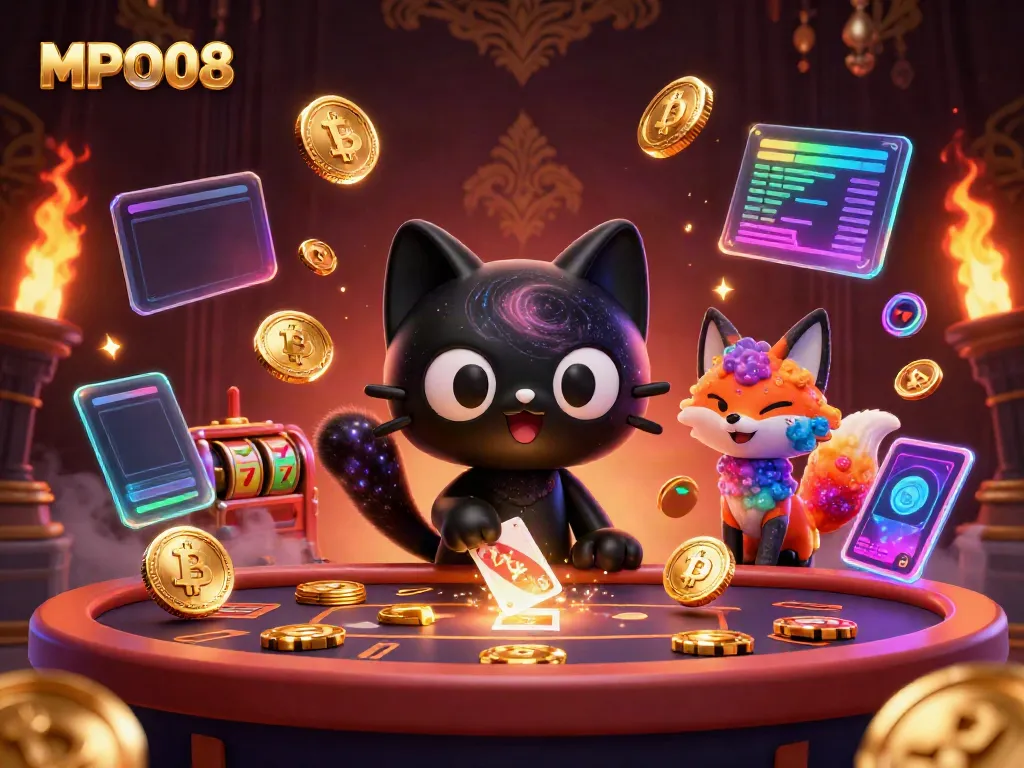 MPO08 transforms into a cosmic casino scene with a black hole cat and colorful nebula fox among glowing cryptocurrencies.