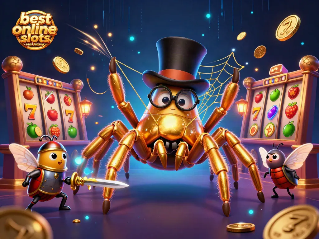 Experience the best online slots real money with a dynamic 3D illustration of a golden tarantula weaving luck.