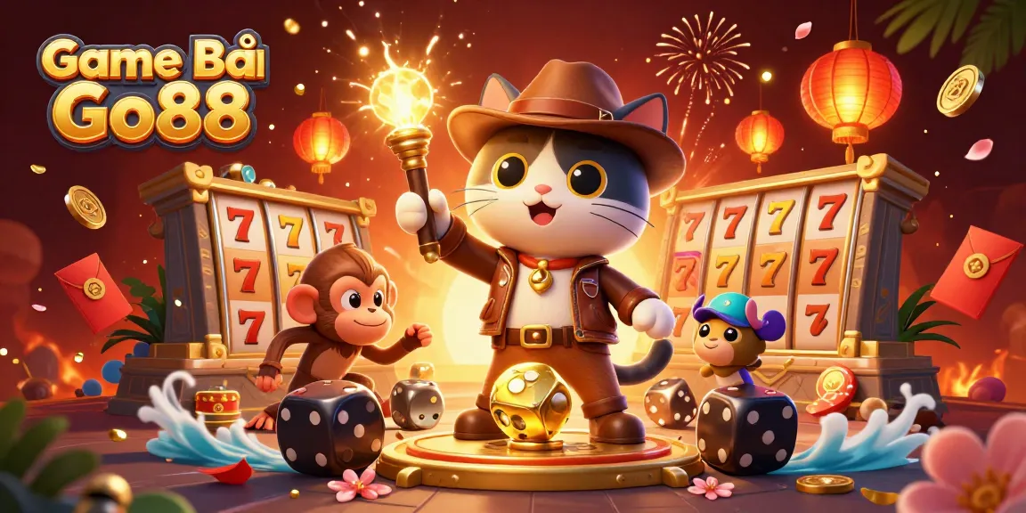 Engage with Game Bài Go88 as a cartoon explorer cat uncovers casino treasures in a vibrant temple scene.