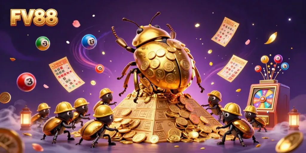Experience the excitement of FV88 with a vibrant, animated scene of golden beetles and dynamic casino elements.