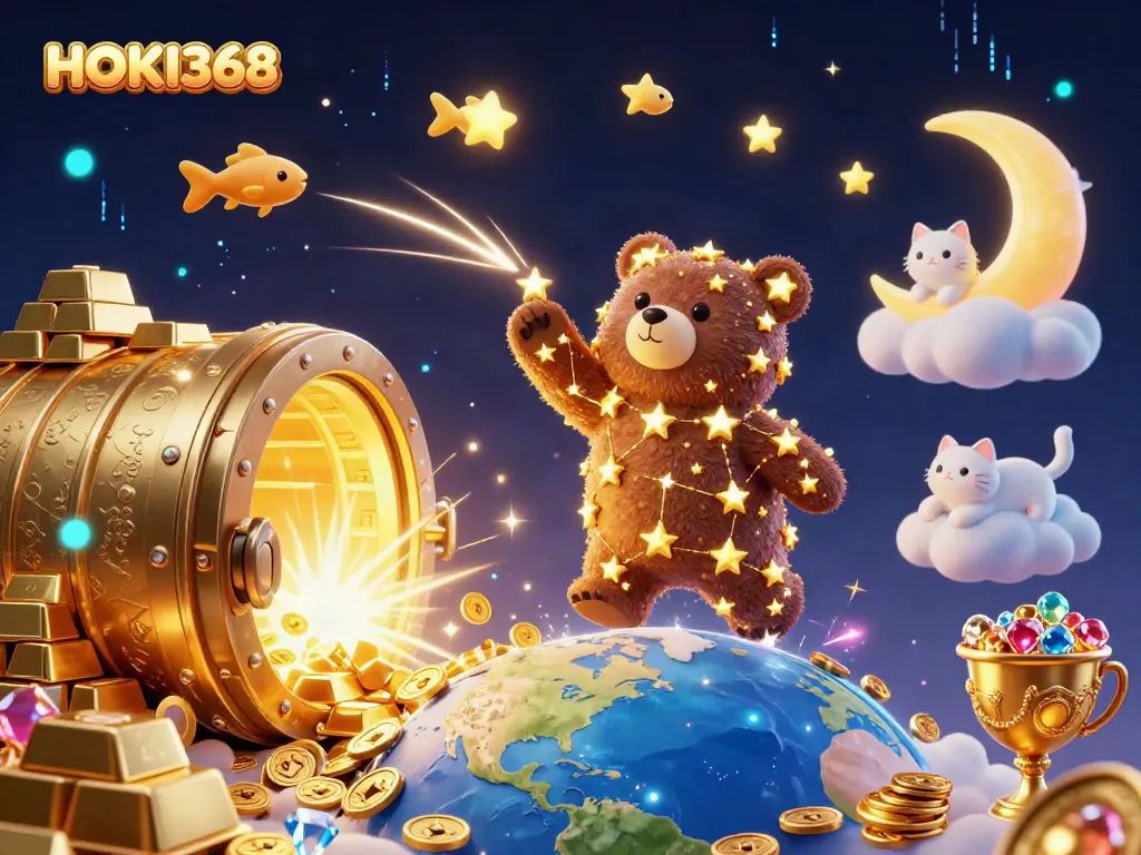 HOKI368 features a vibrant illustration of a constellation bear scooping coins amidst treasures, capturing the essence of online gambling.