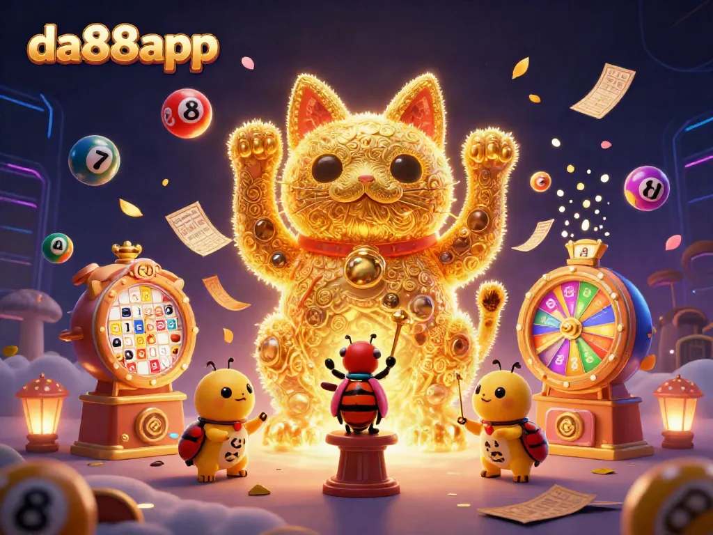 Experience thrilling gameplay at da88app with a vibrant 3D illustration of a lucky cat and casino symbols.