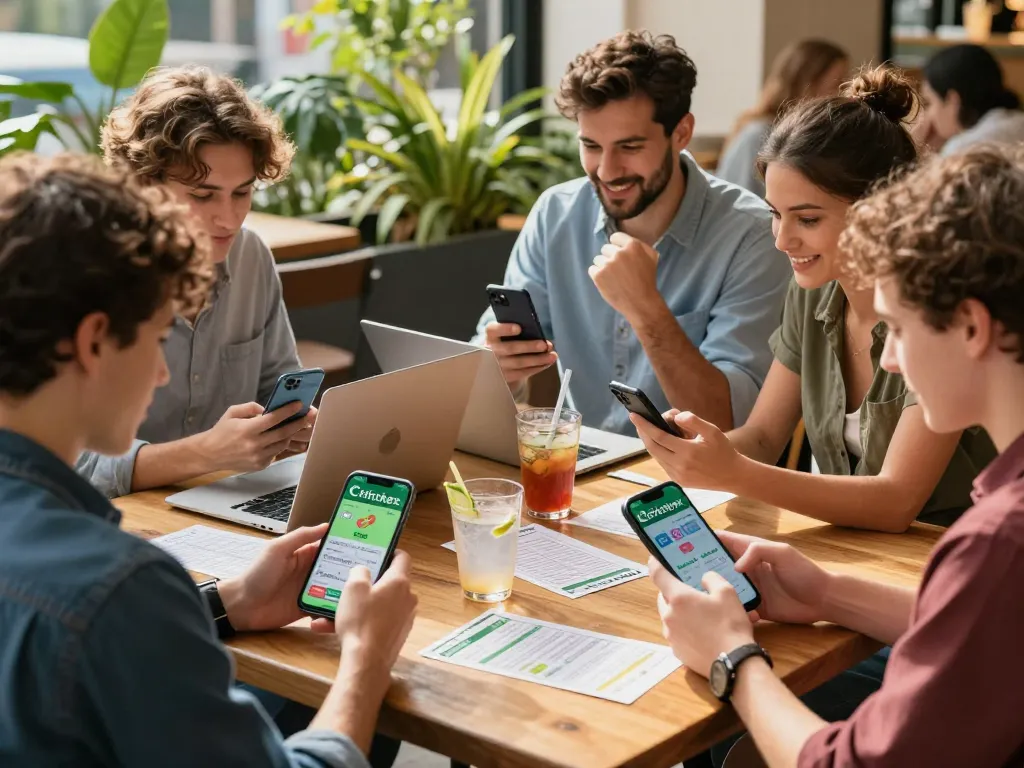 Engaged users exploring the crickex app download at an outdoor café, embodying the excitement of mobile betting.