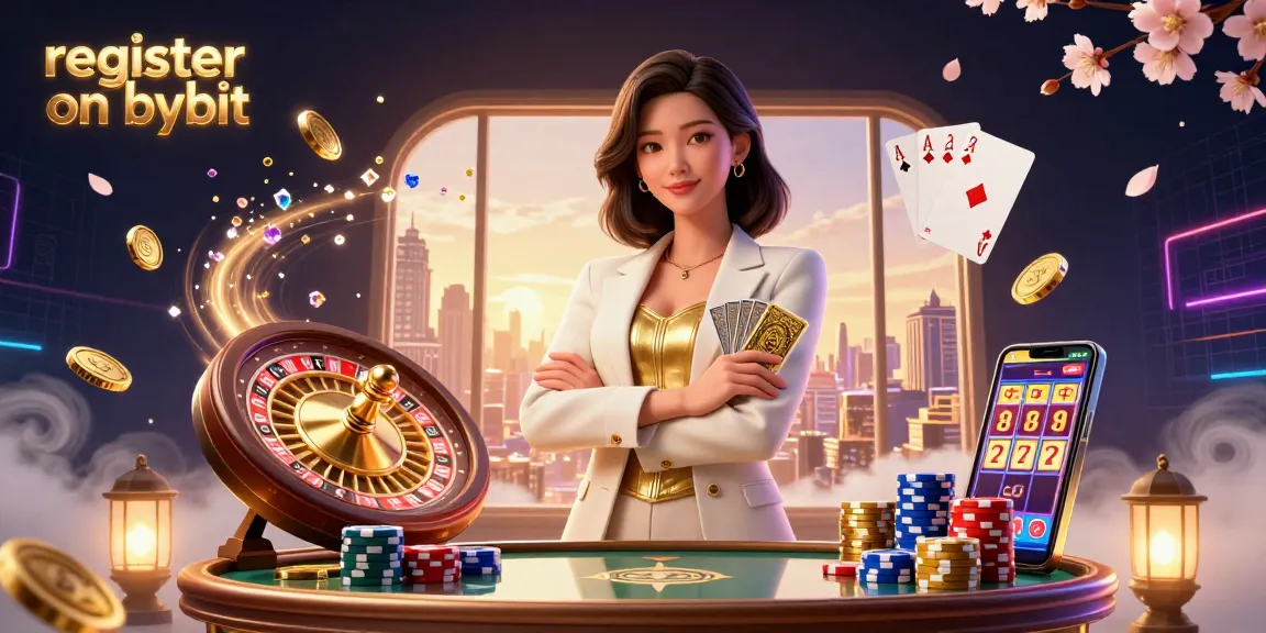 Engage in an exciting scene to register on bybit with a glamorous Asian woman holding golden cards amidst a rich casino environment.