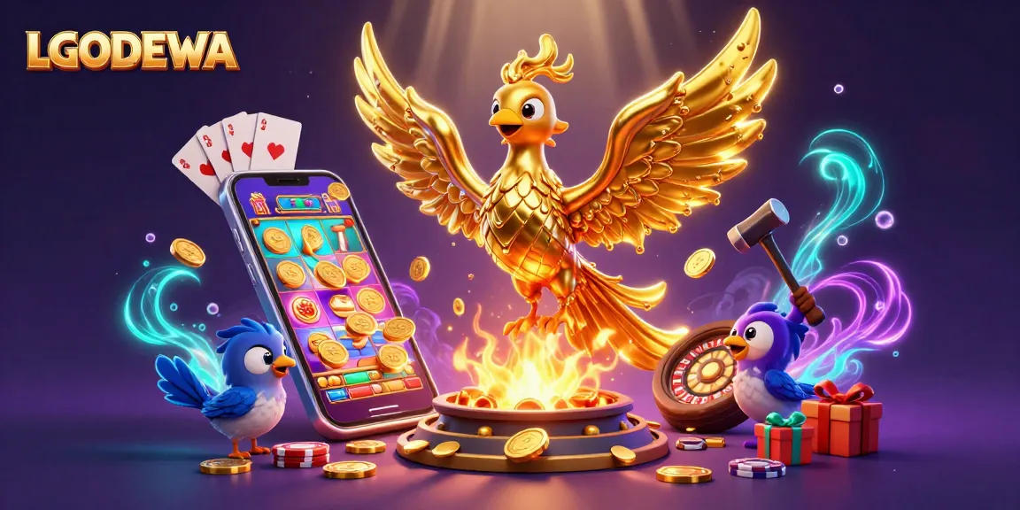 Experience the vibrant world of LGODEWA with a dynamic phoenix and slot game imagery.
