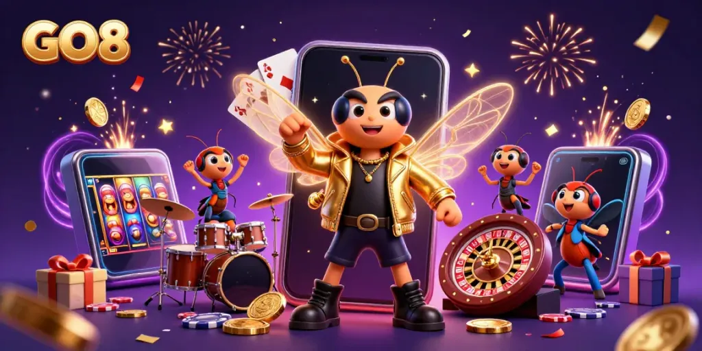 Engage with exciting GO8 casino games featuring charismatic characters celebrating with vibrant energy and dynamic gameplay elements.