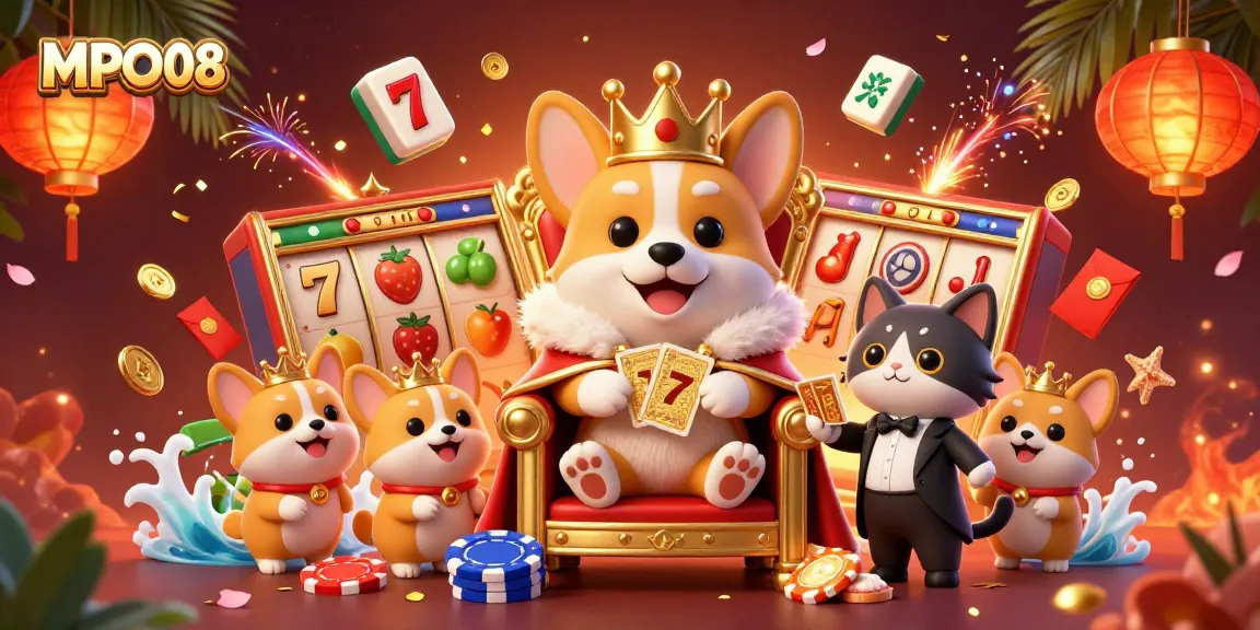 MPO08 invites players to enjoy thrilling gaming with a royal corgi, vibrant game elements, and a festive casino atmosphere.