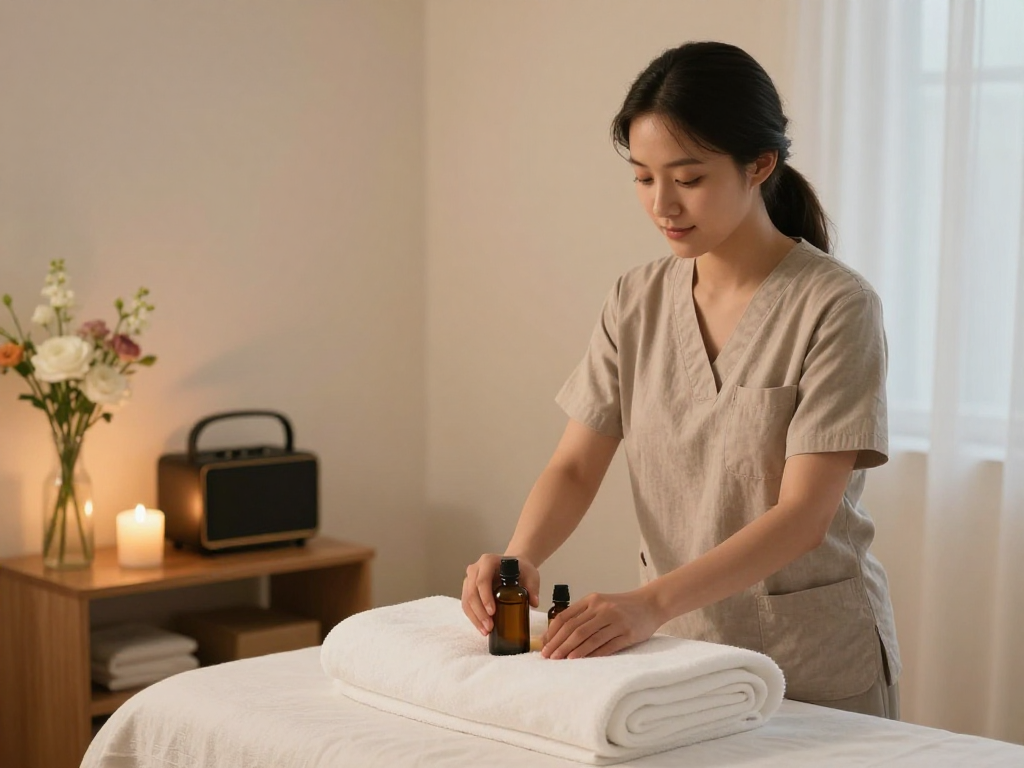 송파출장마사지 setup with a professional therapist preparing a soothing environment for a massage in a comfortable home.