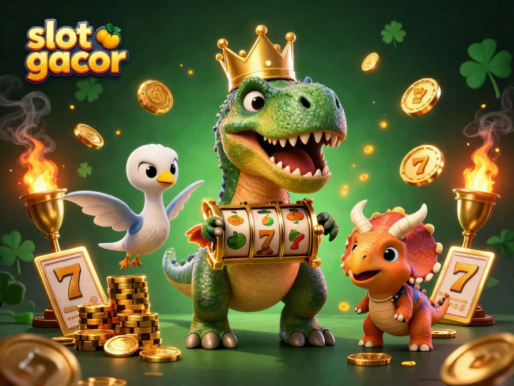 Engage with slot gacor features as a T-Rex shuffles slot reels, bringing a fun atmosphere to the gaming world.