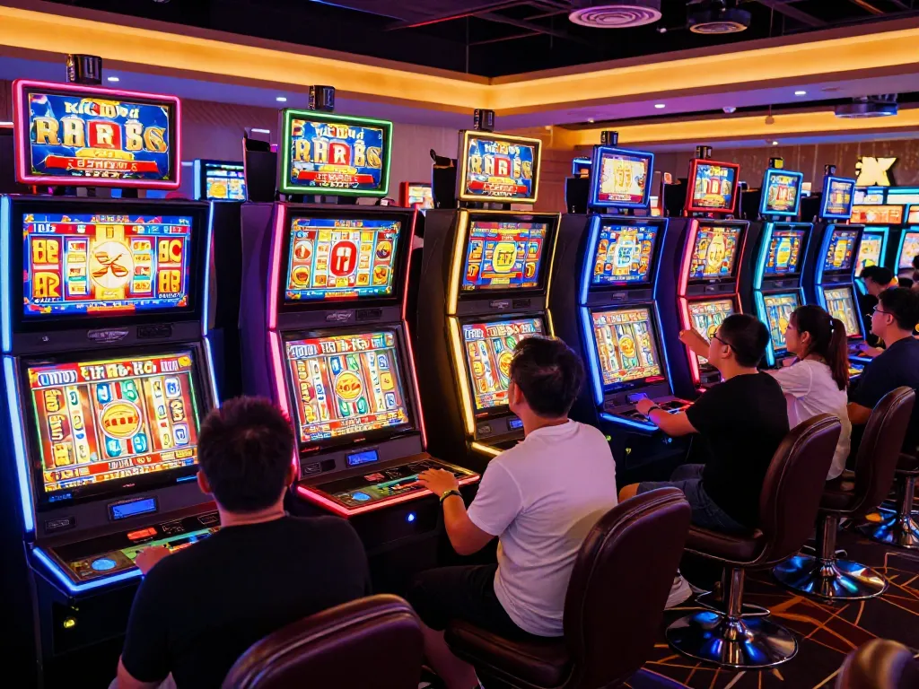 Players enjoying the excitement of Game bài nổ hũ with vibrant slot machines at a lively casino.
