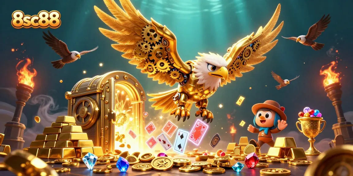 Experience the excitement of 8sc88 with a stunning 3D illustration of a golden eagle amidst dazzling casino elements.