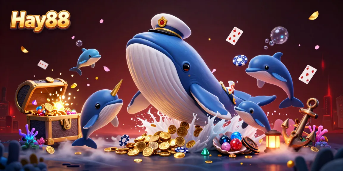 Experience Hay88's vibrant casino world with whales and dolphins amidst exploding treasure.