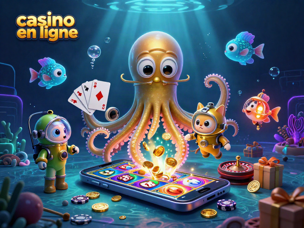 Machines à sous colorées et jeux de casino en ligne illustrés avec un kraken et un chat plongeur.