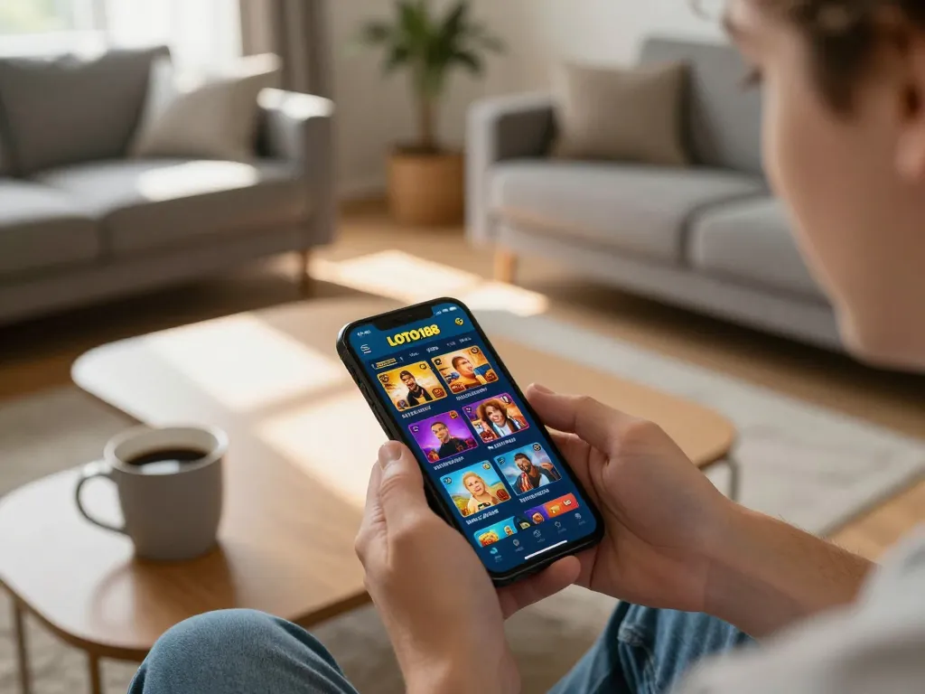 Engaging gameplay on LOTO188 SO mobile app, showcasing options and user experience in a cozy setting