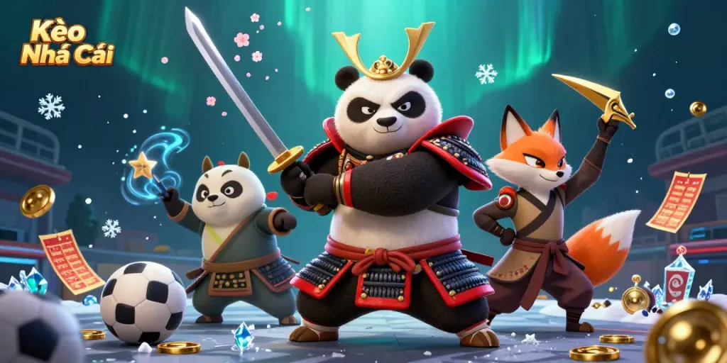 Engage in betting with Kèo Nhà Cái alongside a fierce panda samurai and ninja fox in action.