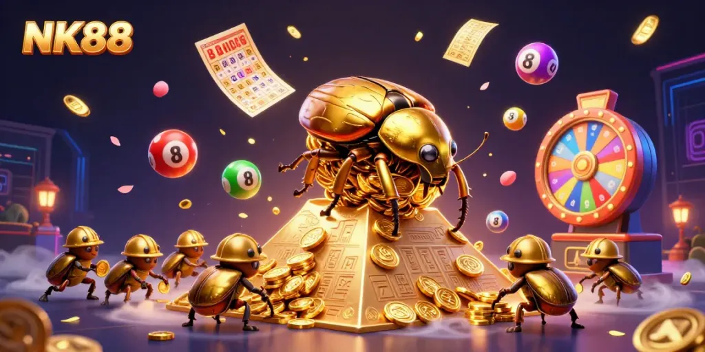 Engage with NK88's vibrant casino experience as a golden beetle navigates a treasure pyramid with colorful lottery elements.