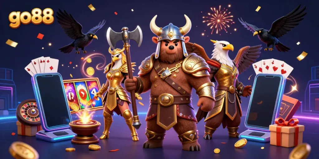 Win big at go88 with colorful slot games, golden coins, and dynamic casino elements.