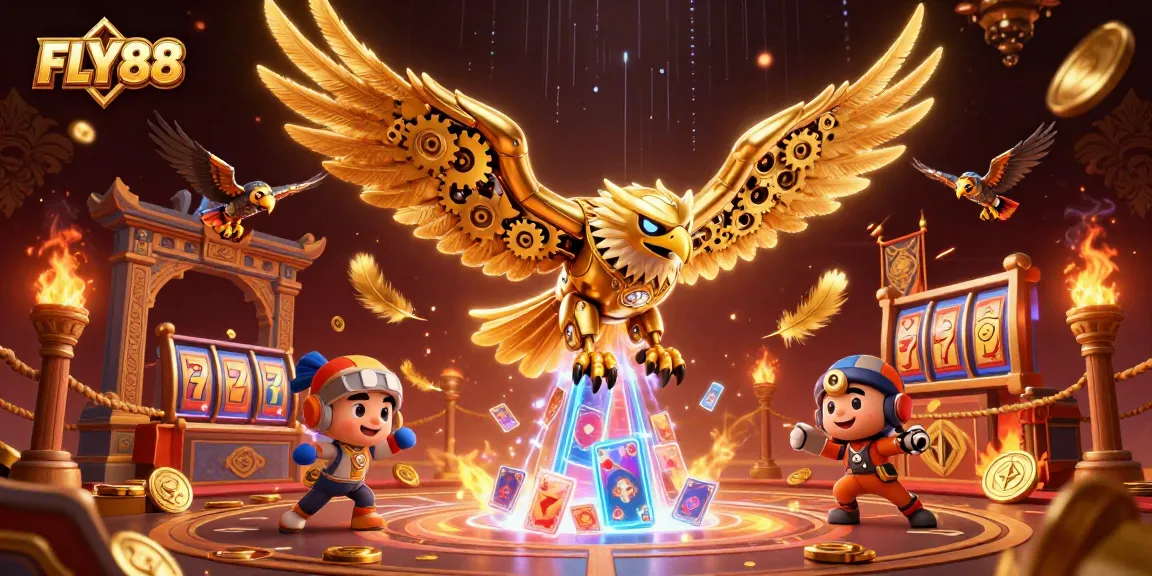FLY88 highlights thrilling online gaming with dynamic characters, holographic cards, and vibrant casino elements.