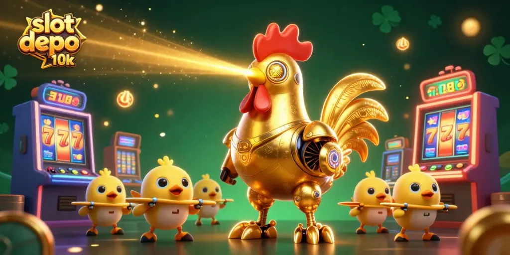 Engage with exciting slot depo 10k gameplay featuring a golden rooster robot and vibrant casino elements.