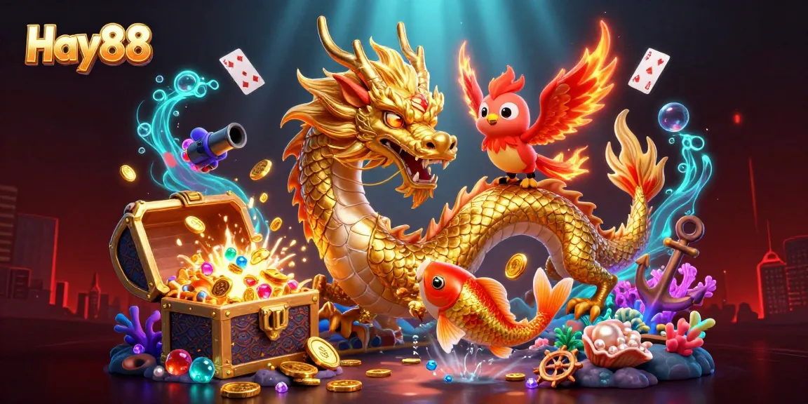 Hay88 players enjoy a thrilling adventure with a dragon, phoenix, and koi fish in a vibrant casino scene.
