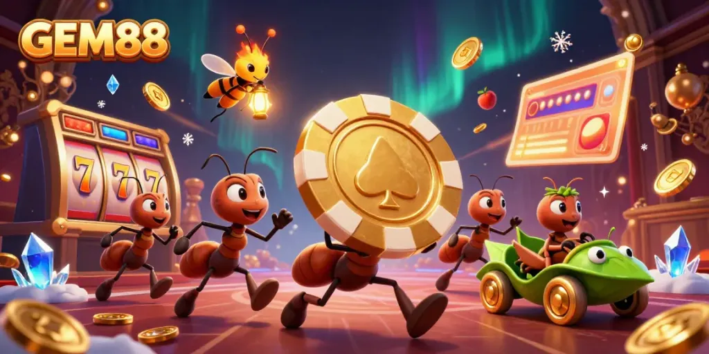 Experience the thrill of GEM88 with an exciting 3D illustration of ants heisting a giant poker chip amidst vibrant casino elements.