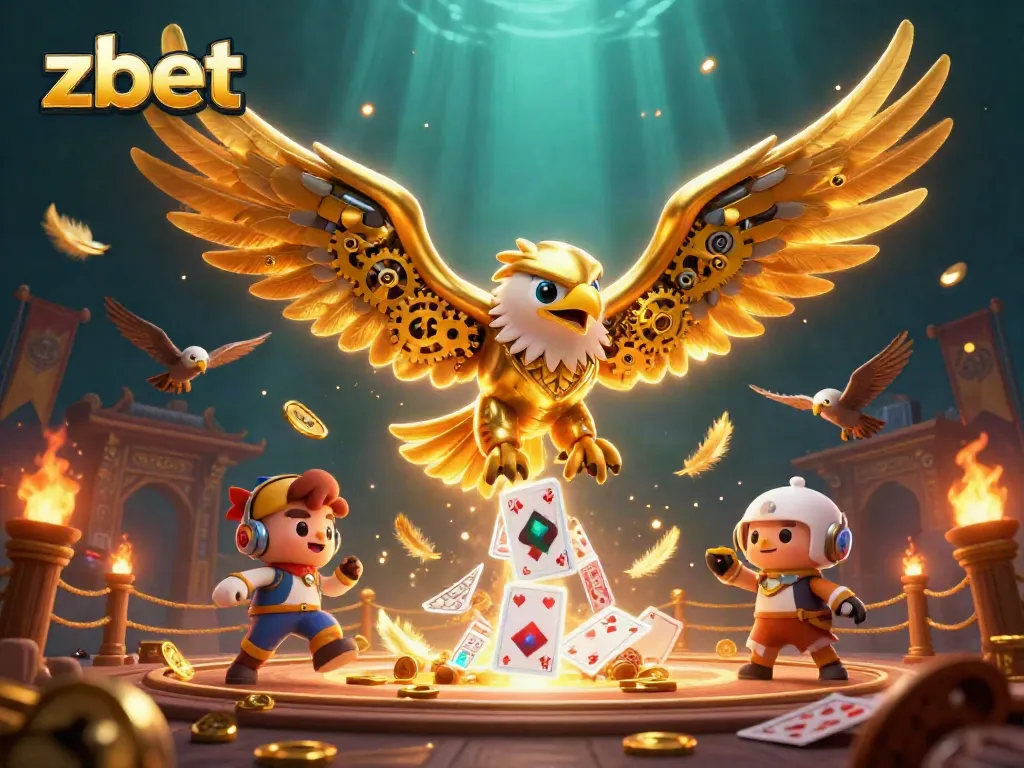 Experience the zbet casino adventure with a dazzling golden eagle diving through holographic cards.