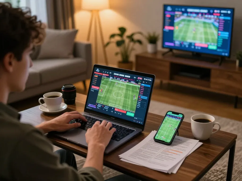 Engaging in vibrant sports betting with LGO GOAL on a cozy laptop setup.