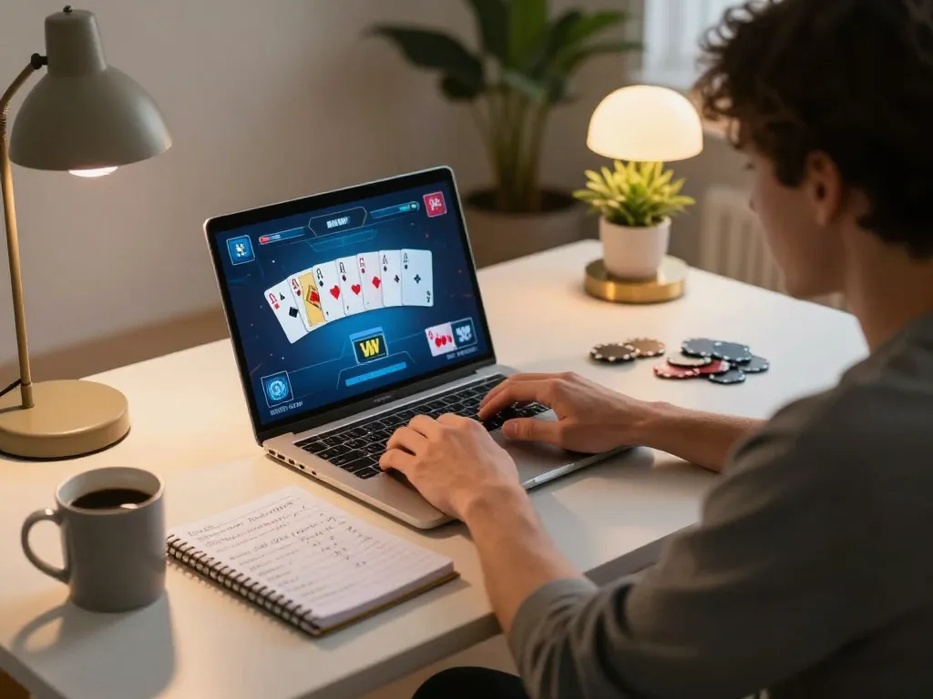 Nego77 daftar online poker experience featuring strategic gameplay in a cozy home setup.