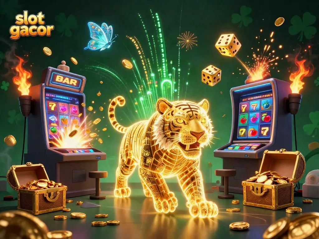 Experience the excitement of slot gacor with a vibrant digital casino scene featuring a golden tiger and jackpot elements.