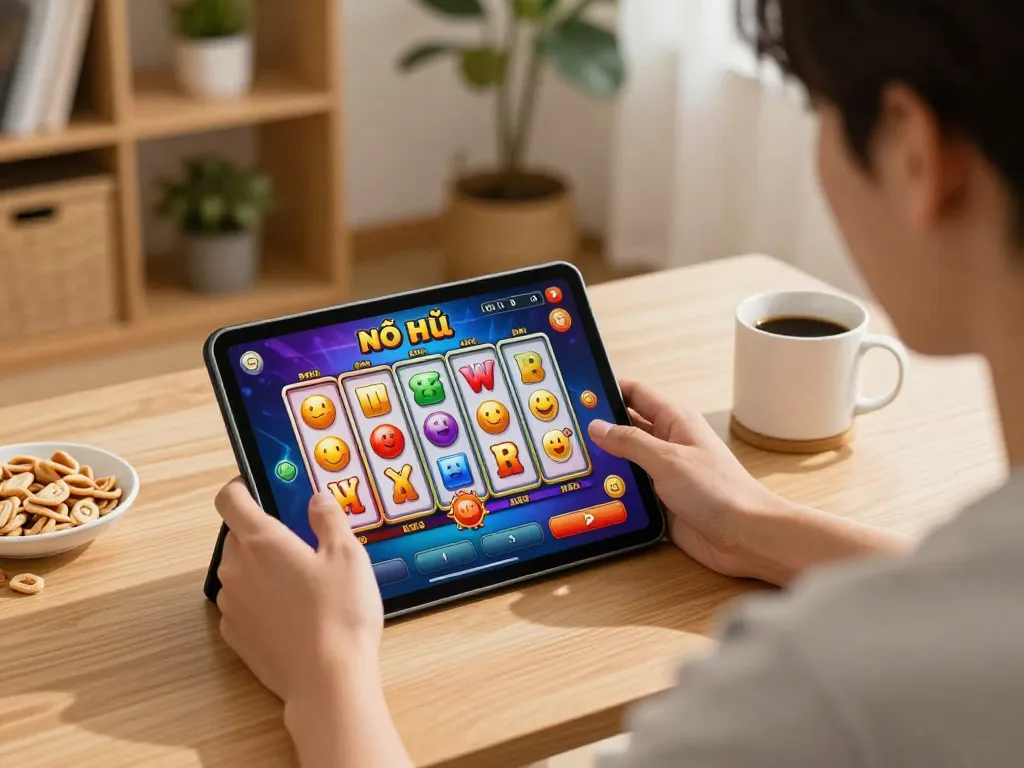 Nổ hũ gaming on tablet in a cozy setting with vibrant reel graphics.
